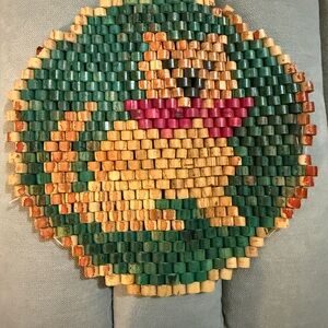 Vintage Dog Wood Beaded Trivet Hot Plate Double-Sided Green Brown